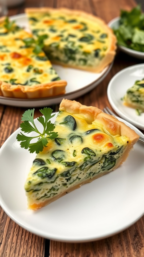 Crustless spinach quiche slice on a plate with parsley garnish, served with greens.